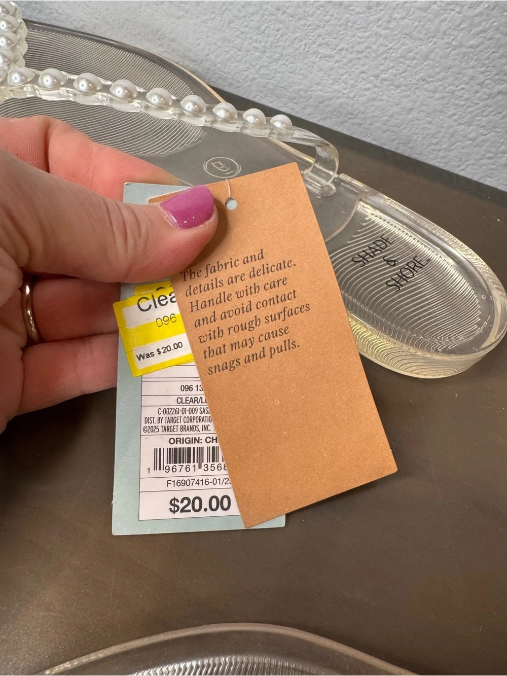 NWT 9 Shade & Shore Pearl-Trim Clear Jelly Thong Sandals - White Pearls